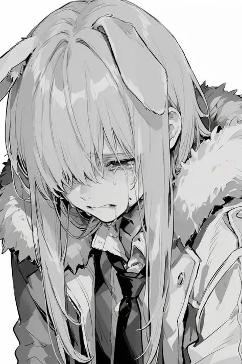 monochrome, animal_ears, greyscale, solo, hair_over_one_eye, rabbit_ears, blood, long_hair, 1boy, tears, blood_on_face, male_focus, simple_background, crying, upper_body, white_background, necktie, fur_trim, crying_with_eyes_open, tear