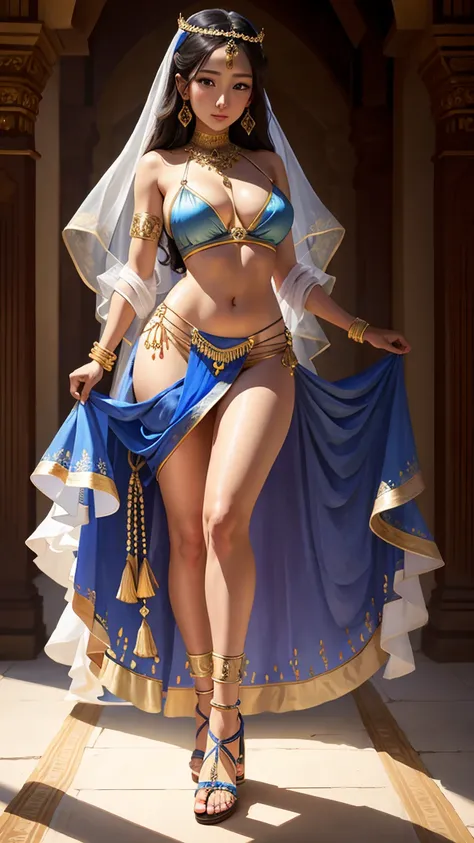 ((Full body photo, standing, feet on the floor)) thigh-high jeweled sandal, (((1girl))), (((23years))), ((full body shot)), Jasmine , Arabian, bikini, diadem with blue gem, jewelry, bracelets on arms, anklets on legs, colorful silks, Arabian setting, flowe...