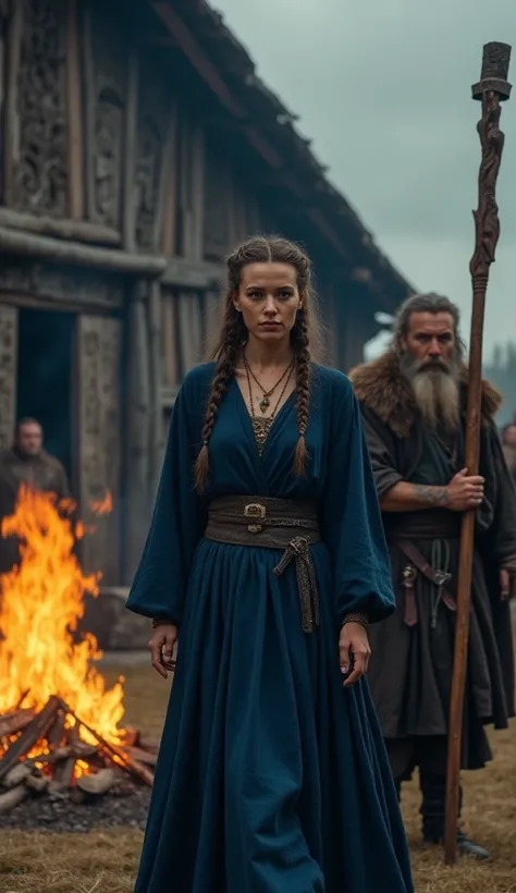 A Viking woman, now empowered, walks away from her husband with a determined expression. She wears a long, dark blue woolen dress, her braided hair slightly undone, symbolizing her emotional journey. Behind her, the Viking man watches in regret, his face s...