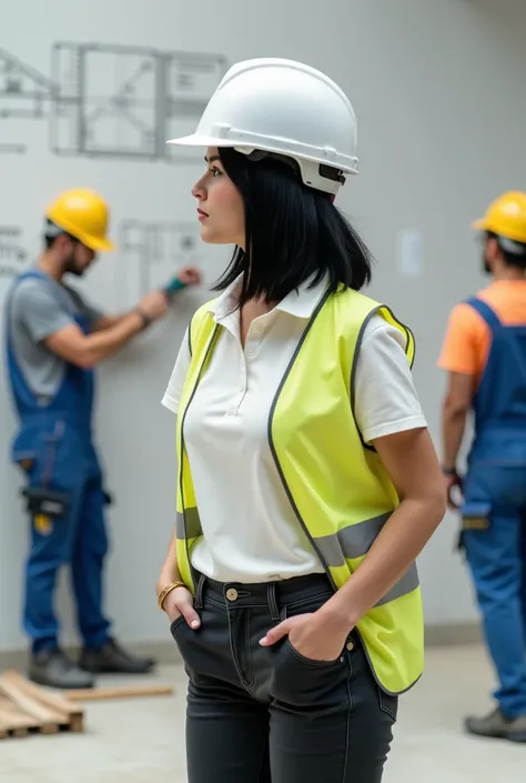 Create image of white woman, straight short bob black hair, MUSCULAR, wearing a white dress shirt with reflective vest, white helmet, black jeans and tracksuit, looking at a gym project sketch, on a construction site, workers wearing blue construction over...