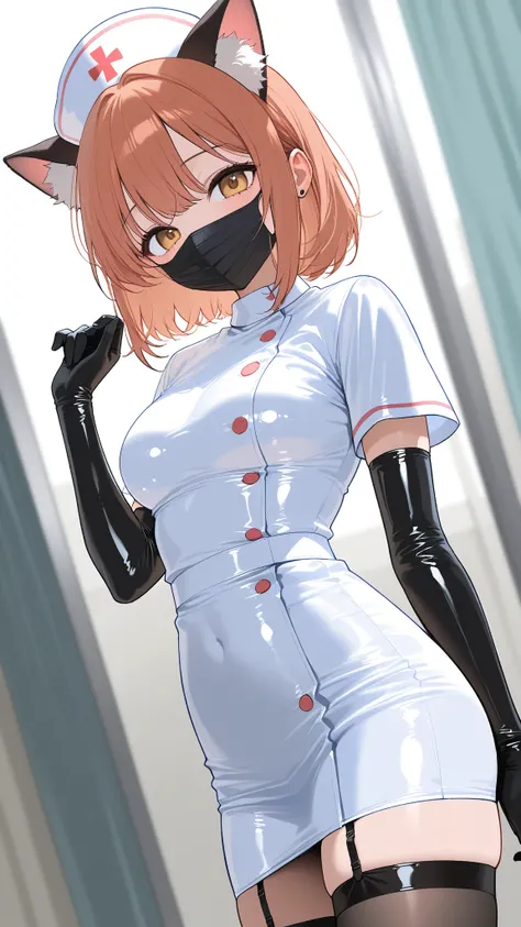  white tight mini skirt nurse clothes,black mask, black stockings, black gloves , latex,cat ears, 