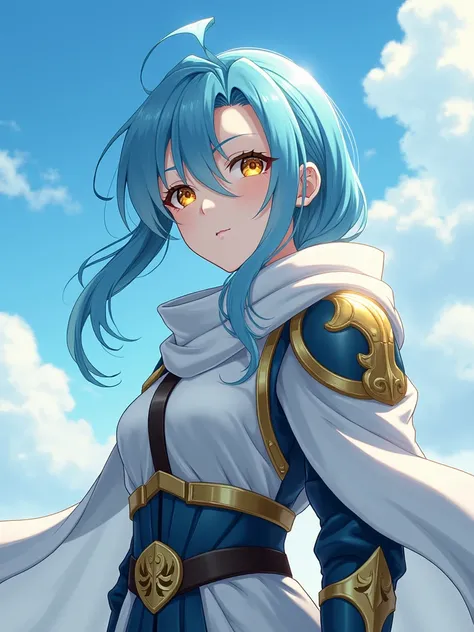 Anime, female warrior, long sky blue hair, golden eyes, armored white robe, calm smile, 8K Resolution, half body shot.