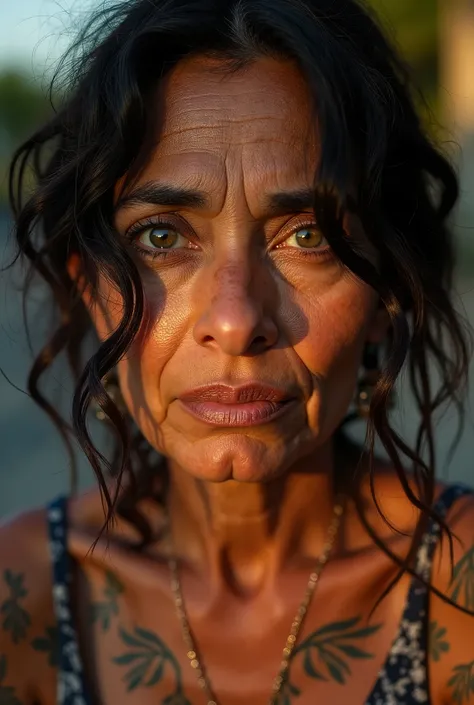 (30% Mexican, 35% Nigerian, 35% Somali) 65yo woman with green eyes. earrings, necklace, indian swirling tattoos, tuft of hair over eye, sad look down, head bent down. film grain dusty 3/4 candid paparazzi reporter photo. tilt angle. High quality photo. /[U...