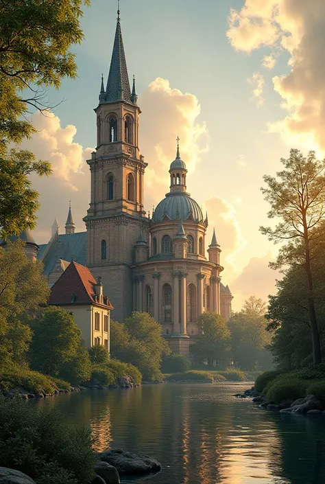 create an image of old churches and cathedrals of Tlumski Island in Wroclaw in sunny weather