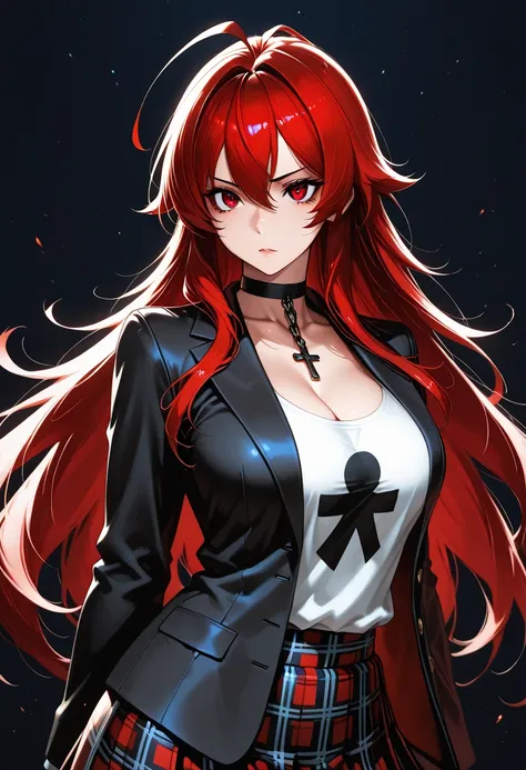  masterpiece,     Top quality t-shirt   ,     animated,     very aesthetic  ,    HIGH CONTRAST   ,    semi-realista   , actualizado,  
   Kurai Eijirou, red hair, Ahoge, red eyes, choker,  cross chain , cleavage, black blazer, black jacket, plaid skirt ,  ...