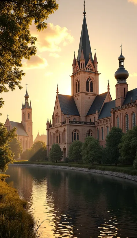 create an image of old churches and cathedrals of Tlumski Island in Wroclaw in sunny weather