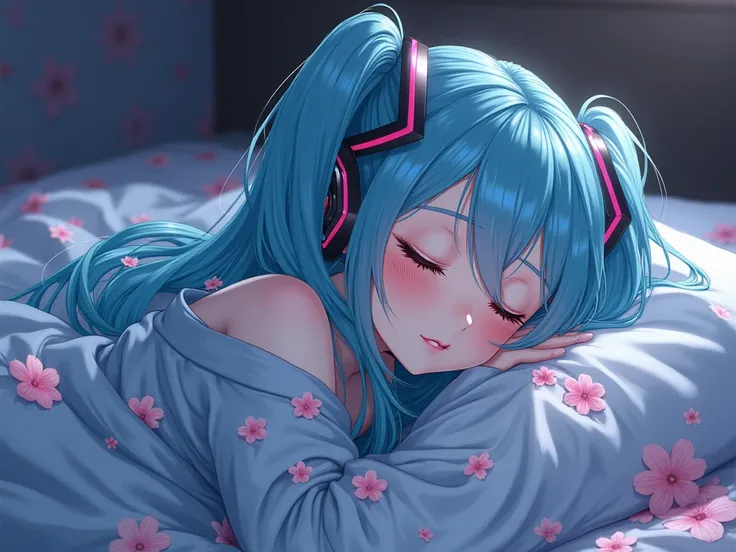     Hatsune Miku wearing a pair of pants and a long-sleeved shirt with cherry blossom details   (     Sakura flowers ) and some sky blue details     ,  at night, without a hat , with a sleepy, sleepy face   , Covered by a cover, Lying on a bed in a room  ,...