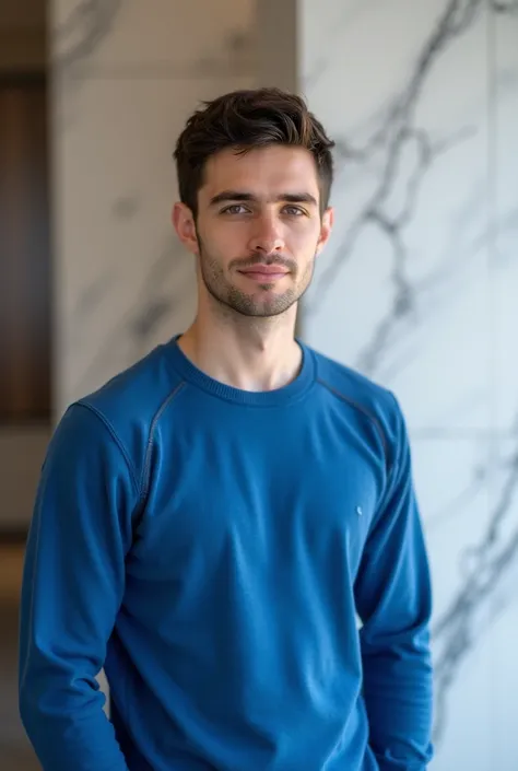 CEFR imtixonida B2 darajada javob chiqadigan formatda tasvirlash uchun quyidagi tavsifni yozishingiz mumkin:

"This is a digital photograph of a young man wearing a blue sweater, standing in front of a white marble-patterned wall. He has short dark hair, a...