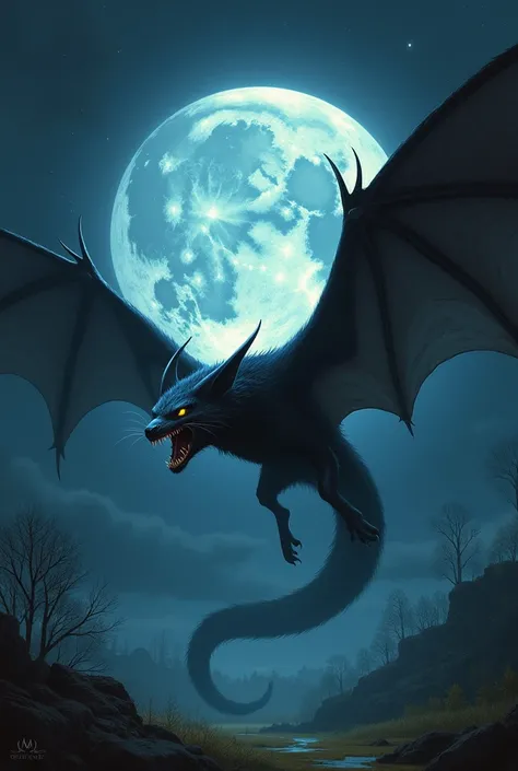 Flying fox with wings eating the moon