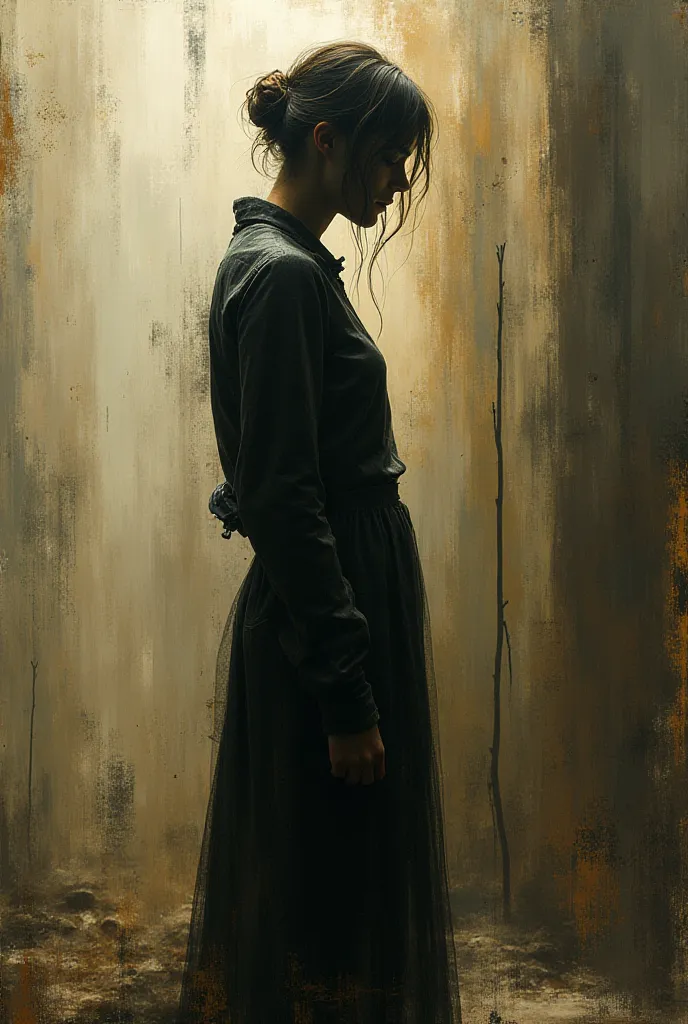 Create a digital painting that combines the density and textured layers of Adrian Ghenie, the enigmatic and narrative atmosphere of Michael Borremans, and the immediacy and gestural brushstrokes of Alex Kanevsky. The composition should present a human figu...