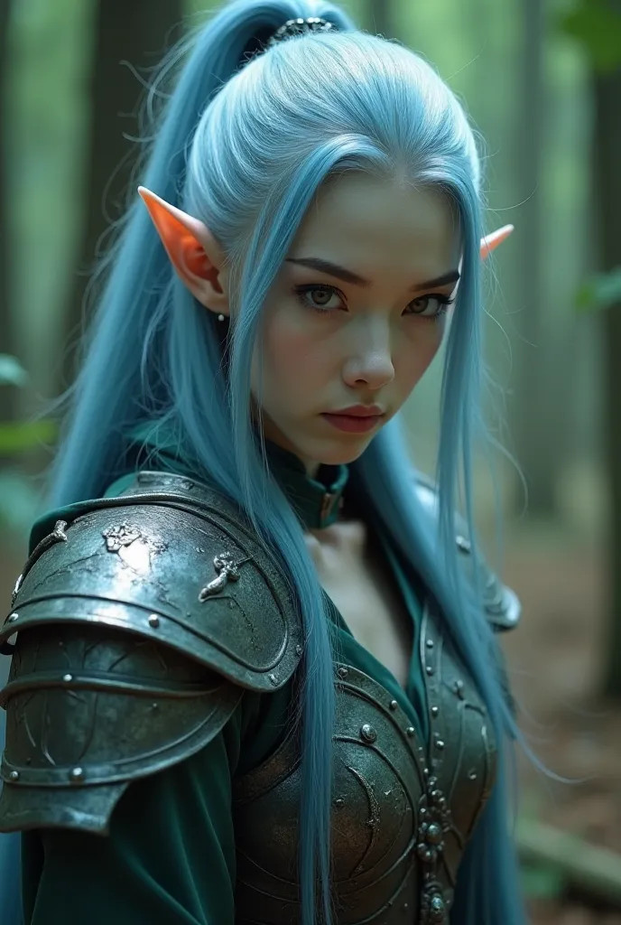 Close-up, Japanese woman, pointed elf ears, white skin, sky blue hair, closed mouth, ancient forest elven armor, combat pose, dynamic pose, complex fantasy character, NSFW, cinematic lighting, fantasy, magic, detailed background, in a dense and ancient for...