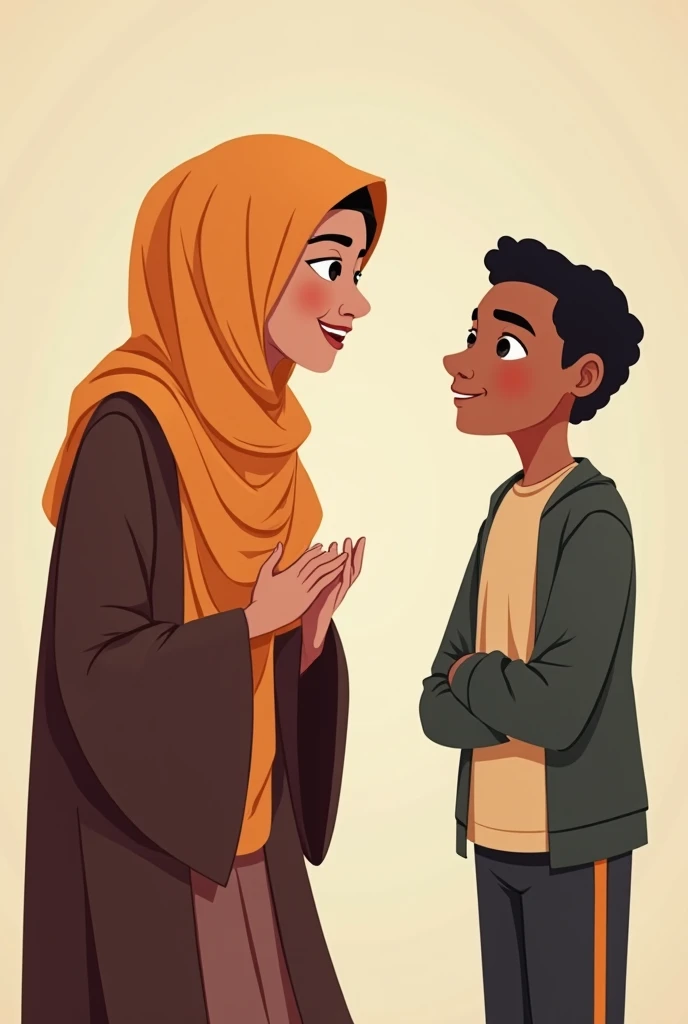 Generate a cartoonic character in which "Ahmed's mother, a kind and loving woman in modest Islamic attire, gently advising Ahmed about the importance of prayer. She is smiling warmly, and Ahmed is listening attentively, showing a thoughtful expression."