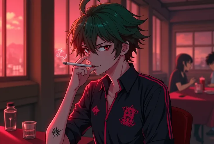 1 male oc de adolescent de 15 ans de l'anime inazuma eleven victory road.
menaçant sauvage demoniaque 
Cheveux vert et rouge herisssé sauvage 
yeux ecarlate stylé artificiel 
maquillage de joker 
tatuage cigarette 
uniform de sport noir et rose avec motif ...