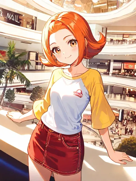 1girl, orange hair, flipped bob hair, white t shirt, red denim skirt, yellow raglan sleeves, smile, forehead, standing, mall, indoors, 3/4 sleeves, collarbone, yellow sleeves, 