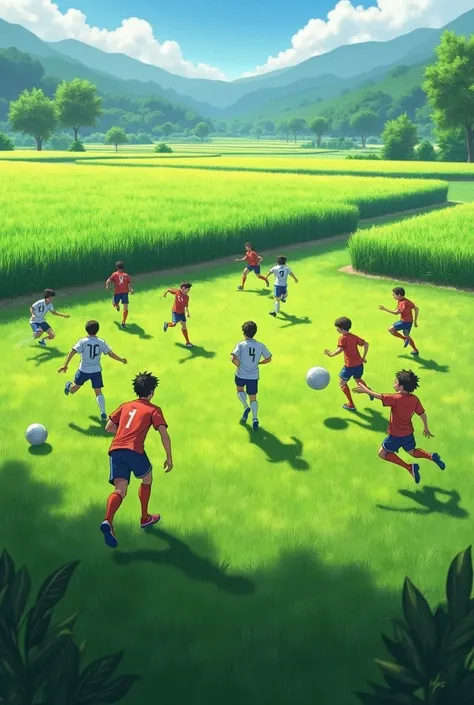 playing football in the field near the rice fields