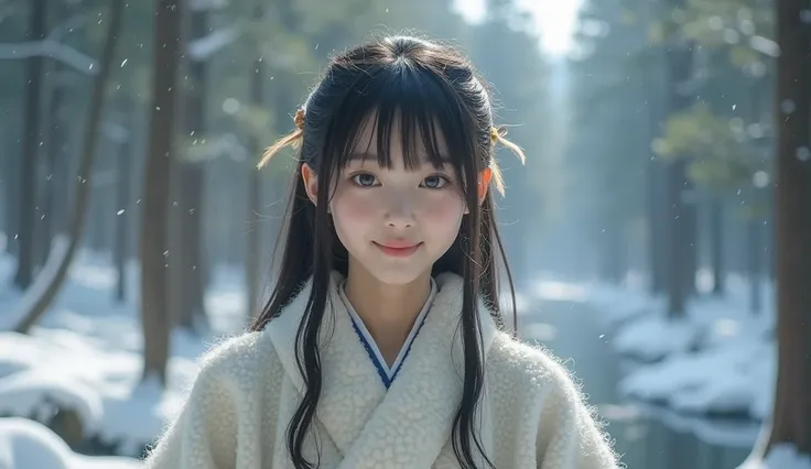  High quality. A real Japanese girl with 18 years old with beyond floor length black hair and see her "whole" body wearing thick lambswool traditional Wafuku standing nearby hot springs inside the forest, must see her whole body. The scenario of forest sho...