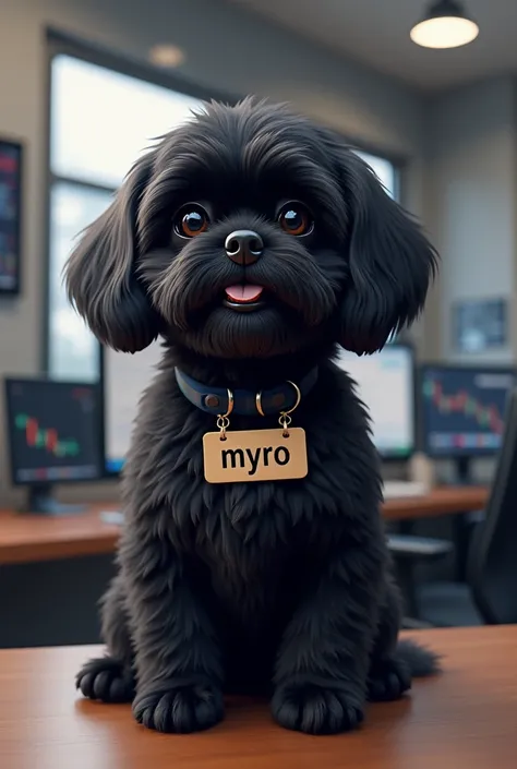 Carte my doge is a shitzu his color black name is myro In the trading room text name in room and this image like reality 