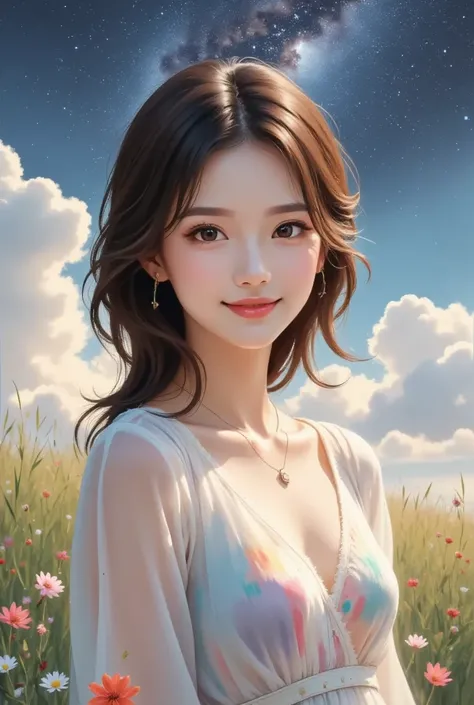  Masterpiece、  top quality、8k、  Hi-Res、 1 best girl 、 beautiful face、 beautiful brown eyes、  pretty pink lips 、Beautiful nose、   long flowing brown hair  、 moderate bust、smile、 Bright starry sky 、Wild flowers in the grassland 、  Milky Way、 earrings、 neckla...