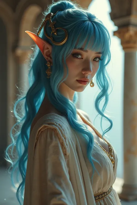 Upper body shot, Japanese woman, pointed elf ears, white skin, sky blue hair, closed mouth, ancient greek noble attire, greek jewelry, dynamic pose, complex fantasy character, NSFW, cinematic lighting, fantasy, magic, detailed background, in ancient greek ...