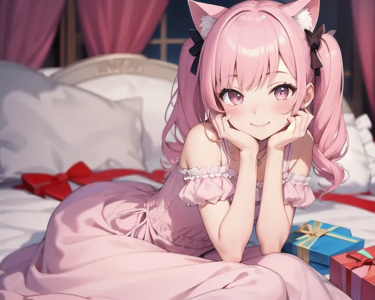 Best quality, high resolution, detailed, beautiful image quality, one girl, cute dress with frills, pink dress, pink hair, twin tails, cat ears, lolicon feeling, smiling face, hands on cheek, cake, gift box, white and pink room,