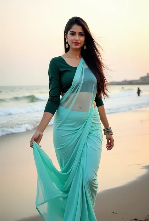 Beautiful Indian girl no ornaments of 
26 years old ,in white skin toon 
,chubby cheeks,long hair in one side,black hair,dark lite green coloured blouse,3/4 sleeves,lite blue saree,walking through evening beach ,full photo, high heels,big hip,full photo