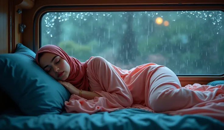 Creating a highly detailed and sensual digital artwork of a beautiful young woman in a hijab sleeping peacefully in a camper van, she wears a bright colored nightgown that is luxurious and elegant. Her relaxed pose shows complete calm and shows her entire ...