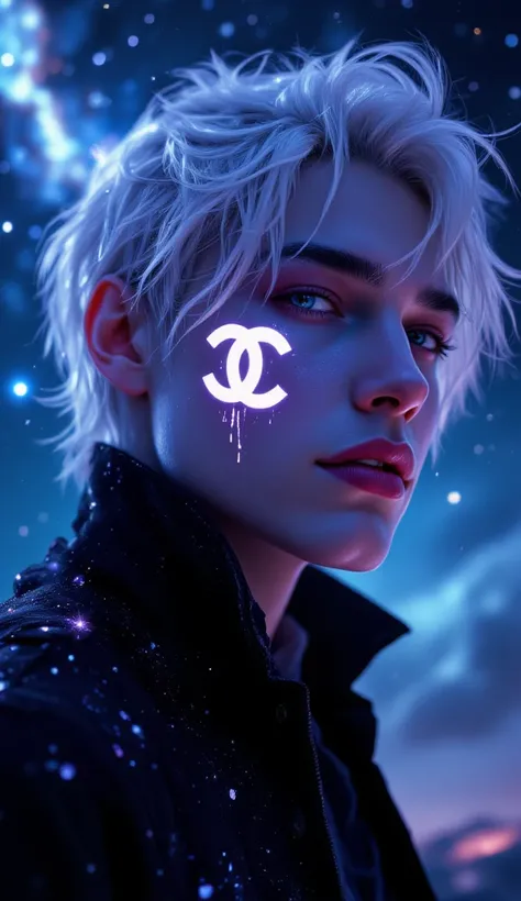 IlluminateCHANELのロゴマークが書いてある頬の男性。A beautiful and mysterious man with silver hair has a large CHANEL logo on his cheek。The background is a starry sky、The theme is galaxies。 Stereotype map 。 beautiful , Starry sky with brightly shining background。 Sparkling ...