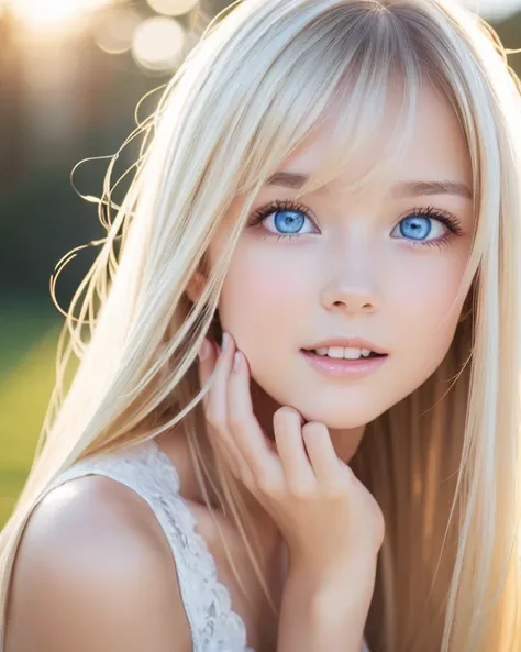 Blonde hair dancing in strong winds interferes with her cute innocent young face、Sexy big boobs、 cute little beautiful face at age 16 、Shiny bright straight super long blonde hair、Cute and beautiful long, silky bangs that cover the space between the eyes、L...