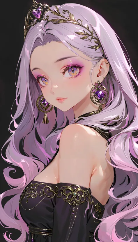 Cute brown skin girl, Sexy body, Wavy Purple Hair [With a black shade], Golden Eyes (shining), ultra-realistic eyes,