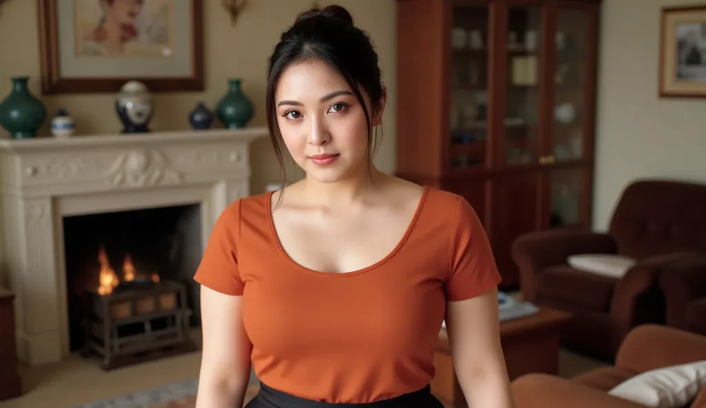 Beautiful East Asian woman, milf, blue eyes, sensual red lips, no glasses, black hair tied in a hair bun, (tight orange t-shirt, black miniskirt), curvy, big tits, bubblebutt, (pantyhose), living room