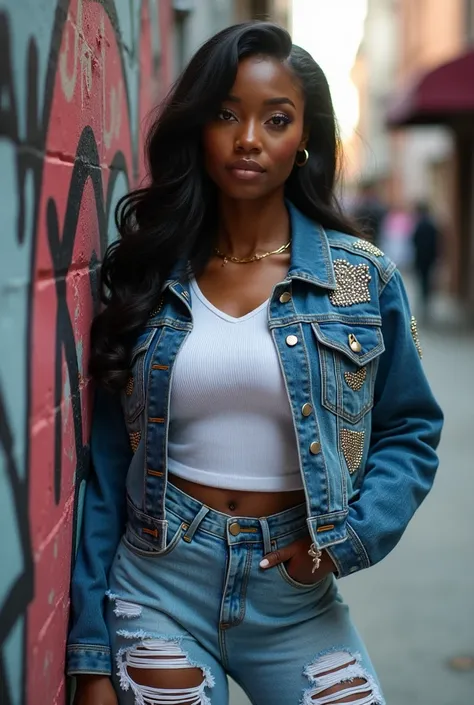 A curvaceous Black woman in a cropped denim jacket with embellished rhinestone patches, layered over a white ribbed tank top and high-waisted distressed jeans. She wears chunky white sneakers and a claw clip in her slicked-back hair, leaning against a graf...