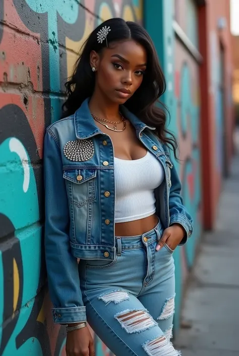 A curvaceous Black woman in a cropped denim jacket with embellished rhinestone patches, layered over a white ribbed tank top and high-waisted distressed jeans. She wears chunky white sneakers and a claw clip in her slicked-back hair, leaning against a graf...