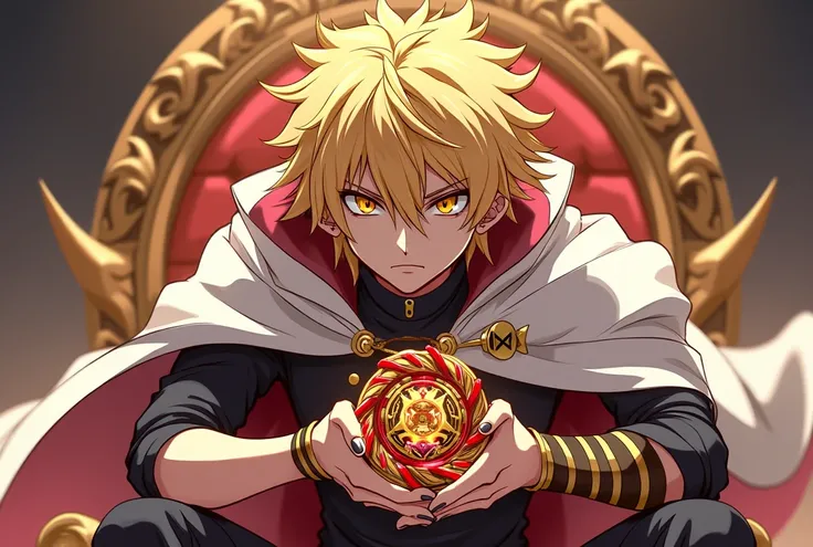 1 male oc de beyblade menaçant sauvage sadique cheveux jaune et rose herissé sauvage yeux ecarlate stylé artificiel 
cape blanche avec motif 5 etoile americains 
regard menaçant 
toupie beyblade rouge et jaune avec embleme dragons dans sa mains 
entouré de...