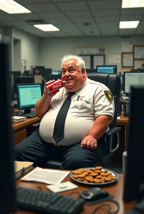 Obese migration officer with short white hair sitting working in an office full of computers with his stomach in the air drinking Coca-Cola and eating cookies