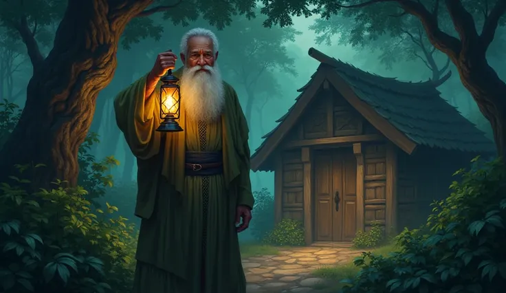 An ustad carrying a lantern stands in front of a gubug in the middle of the forest