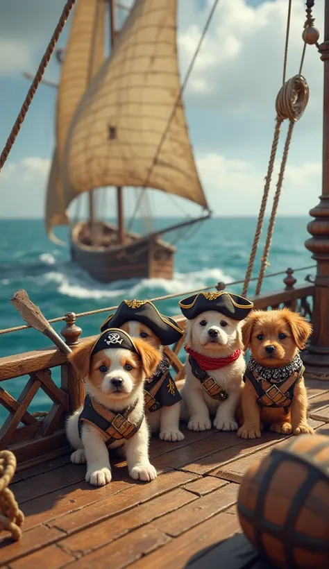 Create a group of cute, realistic looking puppies dressed in pirate costumes on a large ship with weapons, set against the backdrop of the ocean.