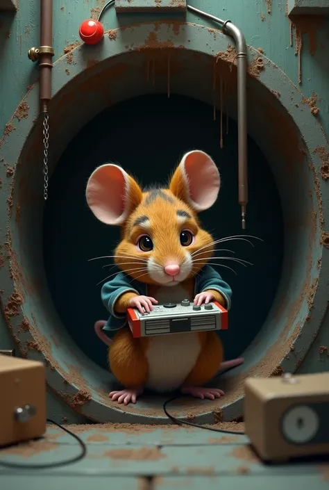 A 3D image with the old aesthetic of a mouse playing video game in front of a TV in the closet