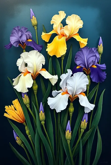  Pictured is beautiful , looduse täis värve ja elujõud.  The main object is the flowers — irises ,  presented in very detailed and intense tones .  They are surrounded by a dark green and bluish background ,  on which some yellow and white flowers stand ou...