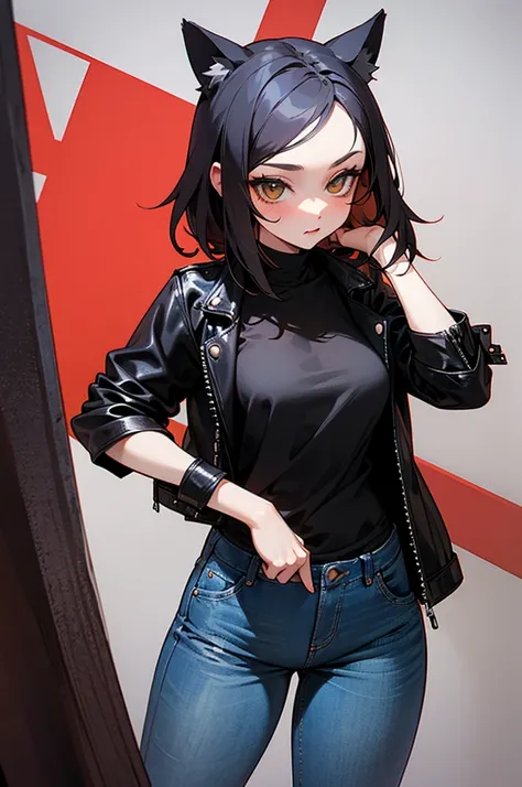 fox girl gothic wearing black leather jacket and jeans