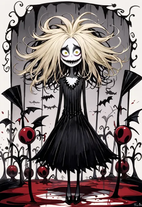  high-res image,  Masterpiece,   Games, Excellent quality, ((( style Tim Burton , precise, dark, . The surface is soft ,  matte and looks like a toy))), Electric saw,  alone, 1 girl, energy, Blood demon painting ,  yellow eyes,  Blonde ,  Long straight hai...