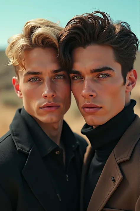 a couple of young men, one blonde and one brunette, beautiful detailed eyes, beautiful detailed lips, extremely detailed eyes and face, long eyelashes, handsome, stylish clothing, in a scenic landscape, vibrant colors, dramatic lighting, cinematic, photore...