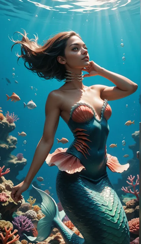 Imagine a hyper-realistic mermaid girl, posing to camera, detailed fish characteristic body, dark skin, detailed gills on neck, intricated dress, at underwater city, 