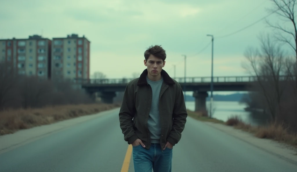 A cinematic scene of a young man with a tense, reflective expression walking alone on an empty city street near a bridge. The sky is overcast with soft, diffused light, creating a somber yet realistic atmosphere. In the background, faint outlines of old ap...