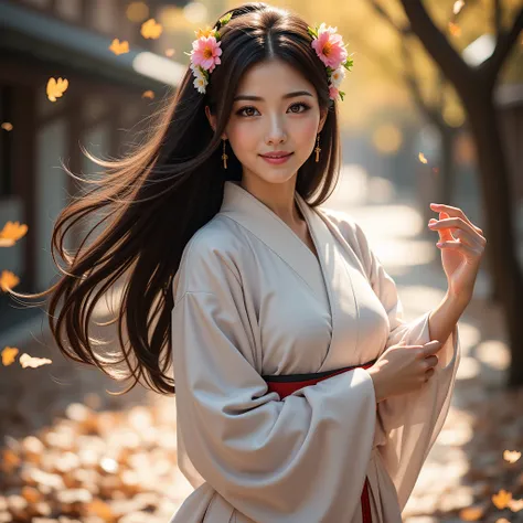 a beautiful mature woman wearing a miko outfit, long flowing black hair adorned with flower crowns, dynamic full body pose, detailed face and eyes, medium bust, happy expression, old style illustration, depth of field, original character, (masterpiece:1.35...