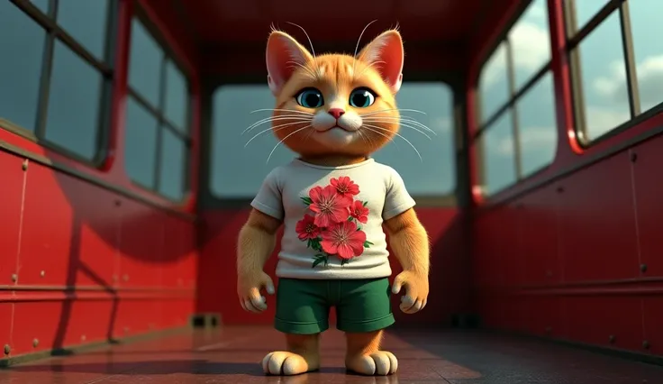 In cinematic 3d realistic style"A bodybuilder cat, muscular arms,six pack abs,cat is bodybuilder with muscular arms and a strong physics, cat wearing  white colour flower printed red tshirt and green pant,cat standing in the very old red colour bus on the ...