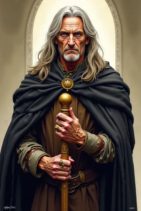 A realistic medieval fantasy portrait of a man of 40 years. He has silver-gold hair and purple eyes. He is clean-shaven. He has a long face and a pinched sour cast to his mouth. He is unattractive; he has round shoulders and he is pale and frail. 
He wears...