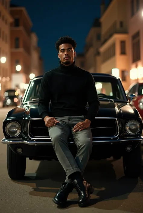  The Sudanese man  ,A young and handsome  ,  curly short hair Klimis   ,  athletic body  ,   wearing an elegant black wool sweater with a high collar,  wearing a  ,Gray trousers , black socks,  black shoes  ,   The car sits leaning in a wonderful manner   ...