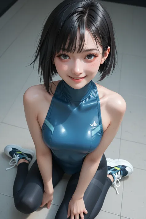 Girl with a close-up chest from above, , black hair, short bob, black eyes, smile blush, blue high neck swimsuit, tights, sneakers, cyberpunk