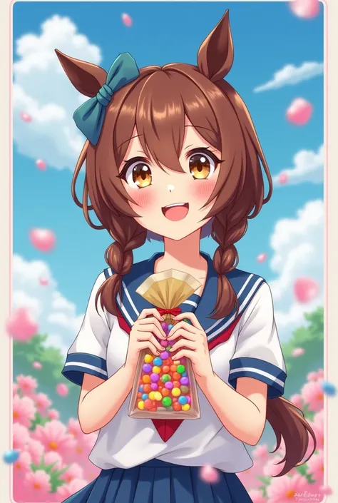 Advert poster of cute looking  girl with bow eyes holding candy bag wearing school uniform
Horse face braid,  chest , smile,  flaunts soft cheeks, Hair Ribbon,  behind the scenes,  sky graph, 