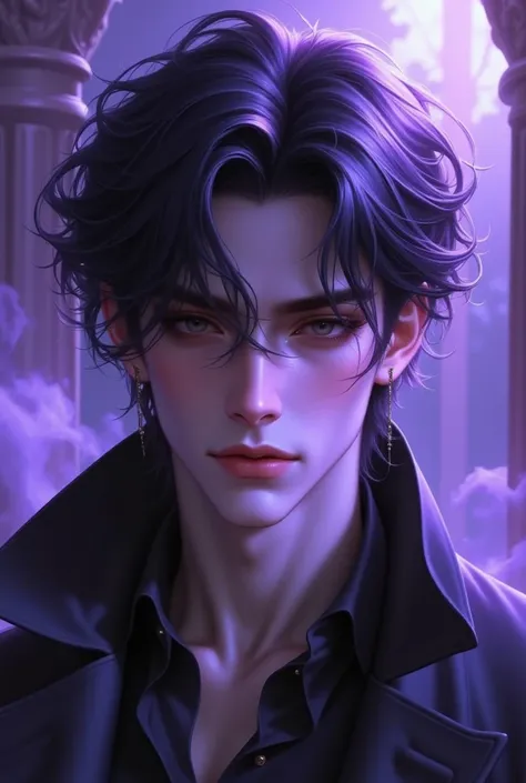 Boy black long hair, with bangs on the sides,  prominent cheekbones, against a background of purple mist